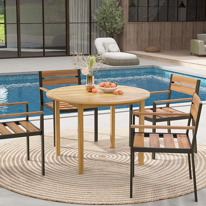 SlickBlue Round Patio Dining Table for 4, Acacia Wood, Indoor and Outdoor Use