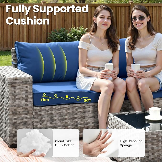 ovios 13 Pieces Patio Furniture Set, Outdoor Wicker Sectional Sofa with 42 Inch Fire Pit Table Comfy Cushions, Modern Modular Deep Seat Rattan Couch Conversation Set, Navy Blue