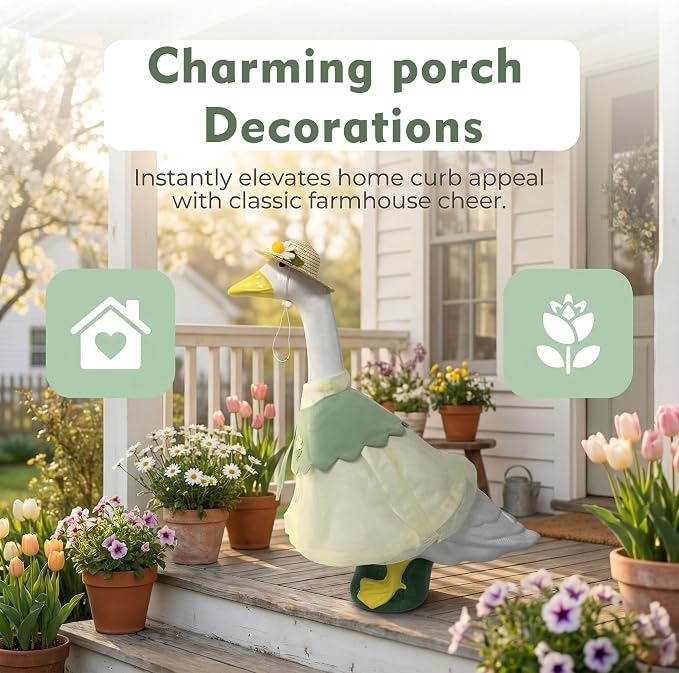holoith 3 Pcs Summer Porch Goose Outfits for 23 inch Cement Goose Set | Outdoor Garden Statue with Gooses Outfit, Summer Garden Entrance Decoration, Includes Straw Hat, Collar, and Skirt