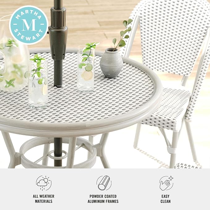 Martha Stewart Lily Pond 31” Round Indoor-Outdoor Bistro Dining Table with Aluminum Frame in Natural Woodgrain and Rattan Top in White/Navy with Tempered Glass Top
