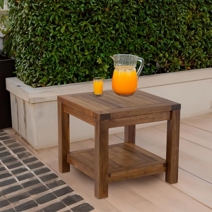 Teak Wood Side Table with Storage - Teak Oil Finish Indoor and Outdoor Wooden Furniture for Deck, Porch, Balcony, Living Room, Bedroom and Backyard (18" D x 18" W x 16" H)