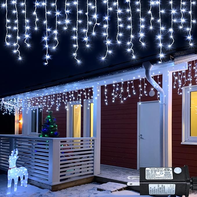 White Christmas Lights Outdoor, 33ft 400 LED Icicle Lights for Outside | Twinkle Lights Plug in 8 Modes Timer Waterproof for House Eaves Patio Window Wedding Party Holiday Decorations, Clear Wire