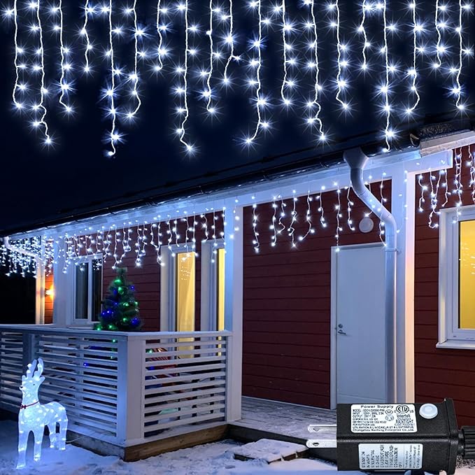 White Christmas Lights Outdoor 66ft 640 LED Icicle Lights for Outside House | Connectable LED String Lights Clear Wire 8 Modes Timer Plug in Waterproof for Holiday Eaves Yard Roof Party Xmas Decoration