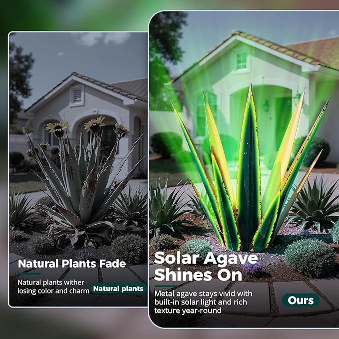 KODIBO Large Metal Agave Plant Outdoor Decor with Solar Light, Vintage Green