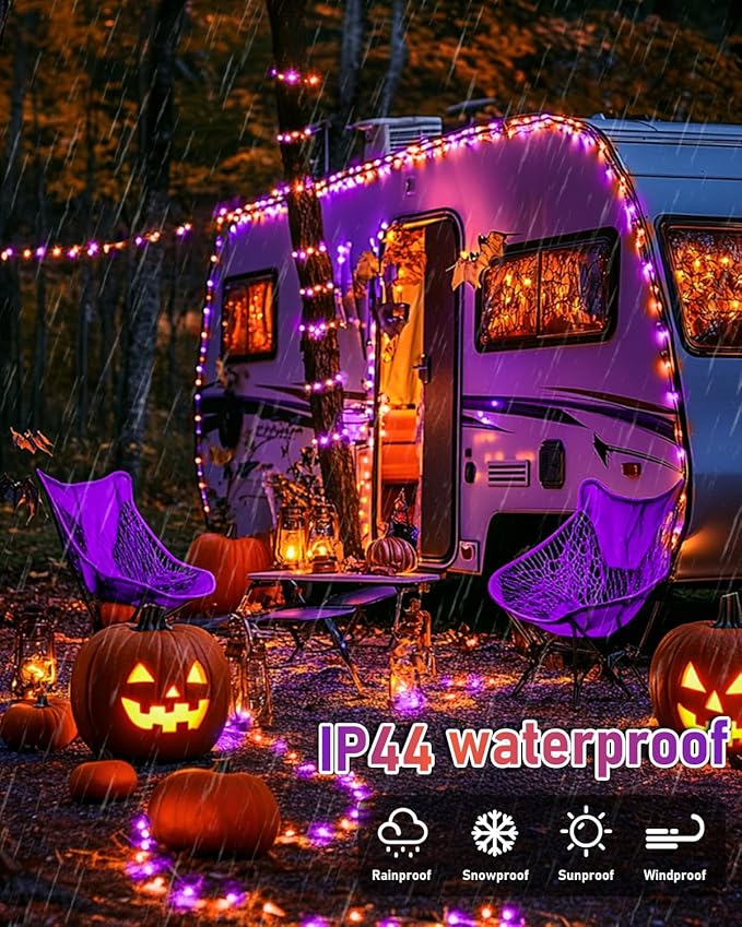 JMEXSUSS Solar Halloween Lights Orange and Purple, 2 Pack Total 200LED 66FT | Outdoor Waterproof, 8 Mode Black Wire Solar Fairy String Lights for Outside Yard Patio Garden Spooky Party Decorations