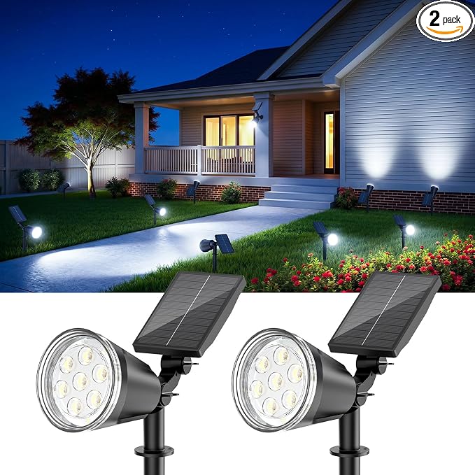 Solar Lights Outdoor Spot Light Waterproof: 1000LM Adjustable Cool White Spotlights - 2-in-1 15Hrs+ Bright Wall Spot Light - Solar Powered Landscape Spotlight for Garden, Yard, Tree, Flag
