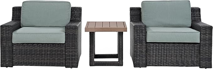 Crosley Furniture Beaufort Beaufort 3-Piece Outdoor Chair and Side Table Set, Wicker Patio Conversation Sets, Brown with Mist Cushions