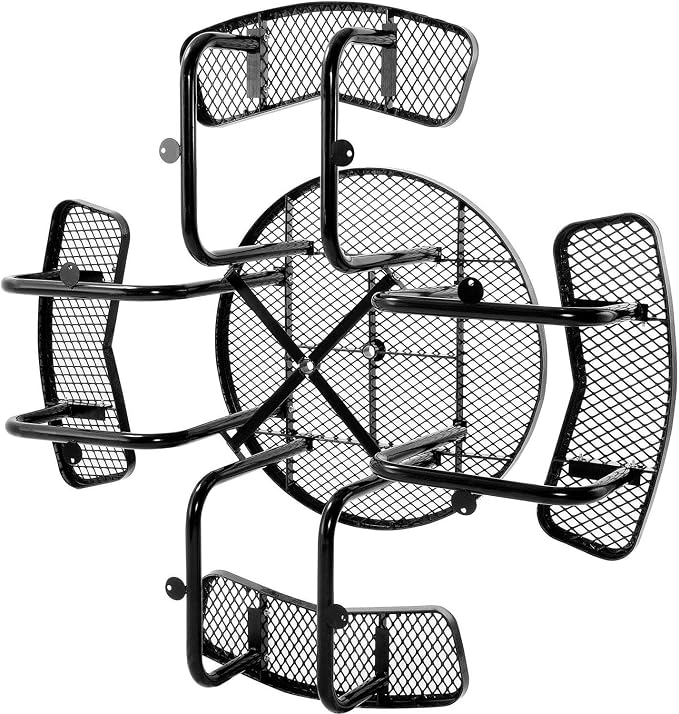 Global Industrial 46" Round Picnic Table, Expanded Metal, Black Thermoplastic Coating, Attached Benches, 1-1/2” Umbrella Pole Hole, Outdoor-Rated, 1000 lb Capacity