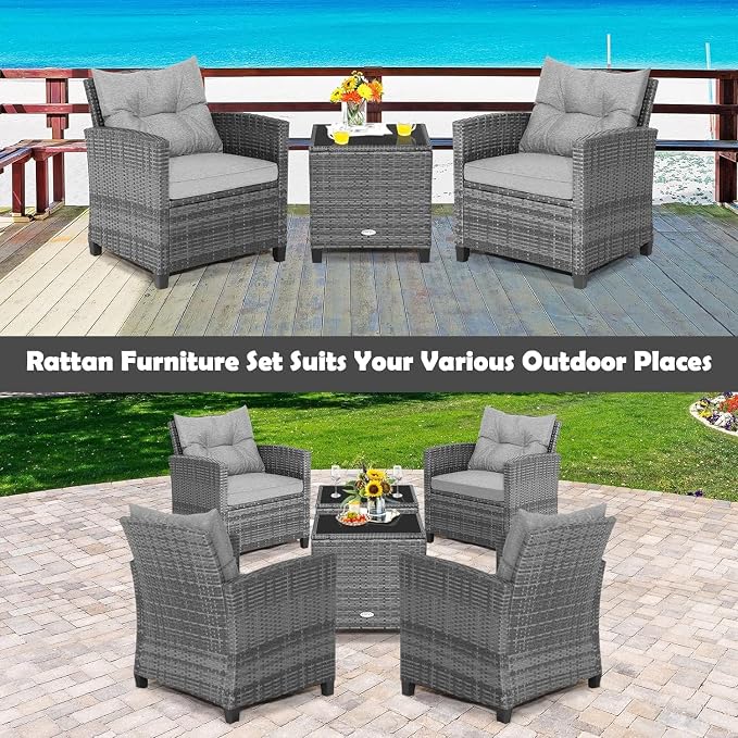 LDAILY Patio Furniture Set, 3 Pieces PE Rattan Wicker Patio Sofa Chairs with Washable Cushion & Glass Table, Outdoor Furniture Conversation Sets for Porch, Balcony, Garden, Poolside (Gray)