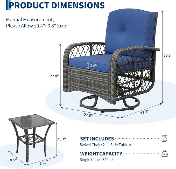 3-Piece Outdoor Patio Furniture Set, 2 Swivel Rocking Chairs and Tempered Glass Table, Wicker Chairs with 360° Swivel Glider for Deck, Porch, Garden, Poolside