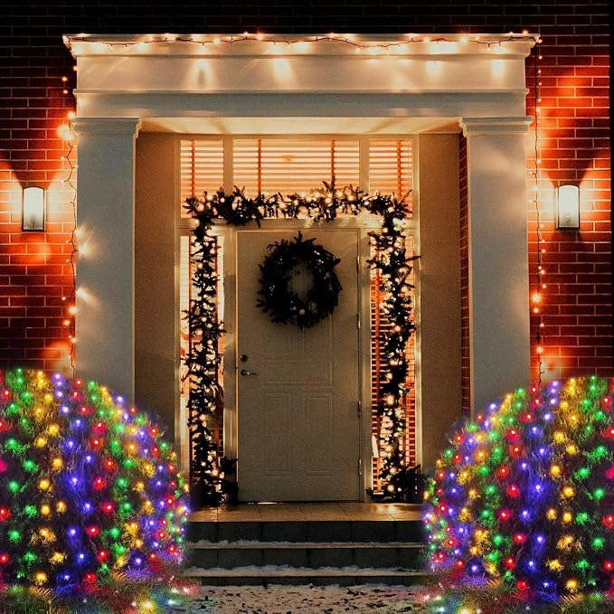 Pooqla Colorful Net Lights, 34.5X 5ft Christmas Lights Outdoor Clear Wire | 610 LED Large Net Mesh Lights Plug in, 8 Modes Waterproof Connectable Multicolor Bushes Lights for Christmas Hedge Yard Decor