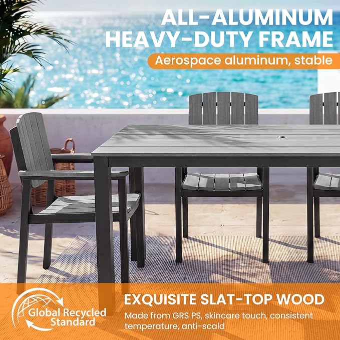 Outdoor Dining Chairs Set of 2, Aluminum Patio Dining Chairs with Armrest for Ergonomic Design, Aluminum Frame HDPS Faux Wood, All Weather Outdoor Furniture for Garden and Indoor Grey