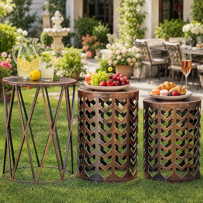 Y&M Nesting Side Table, Set of 3 Stacking Coffee Tables for Living Room End Tables, Outdoor Decorative Garden Stool with Heavy Duty Modern Industrial Decor - Black with Bronze (Ship from US)