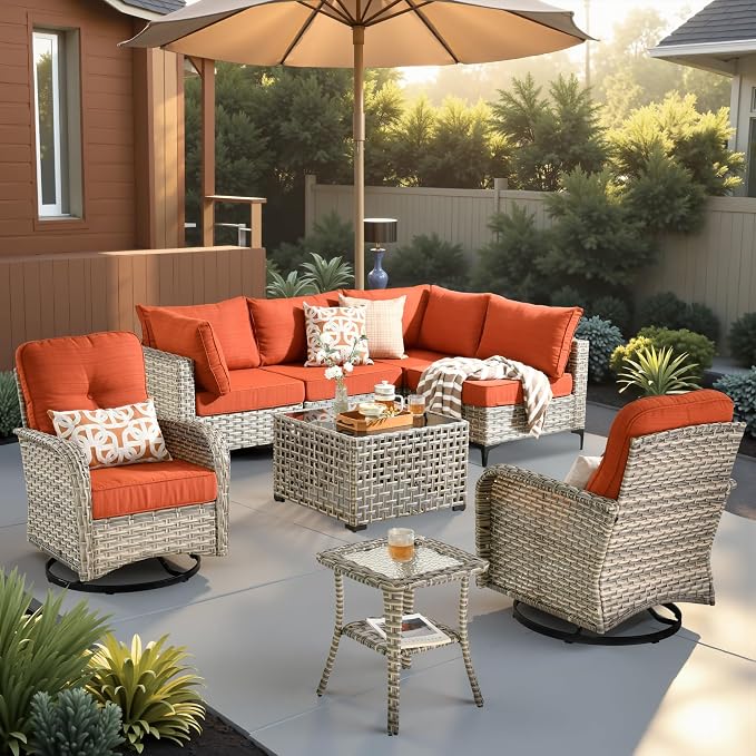 CAODOC Outdoor Sectional Patio Furniture Set,8 Pieces Wicker Conversation Sets L Shaped Couch,Out Door Sofa Outside Furniture with Swivel Chairs,Red-Striped