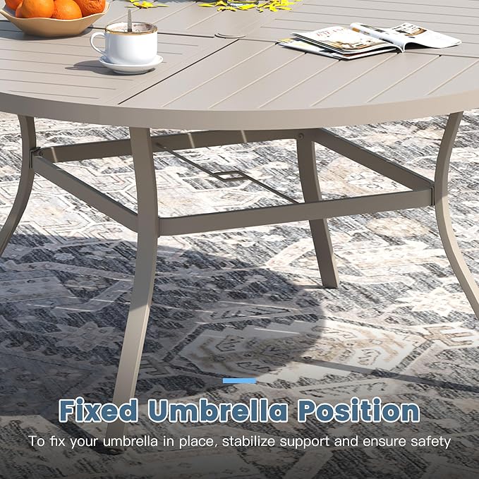 DIFY 7 Pieces Outdoor Dining Set, Metal Patio Table and Chairs Set for 6 with Umbrella Hole, 50" Round Outdoor Table and Textilene Swivel Patio Chairs for Garden, Backyard, Poolside, Sandshell