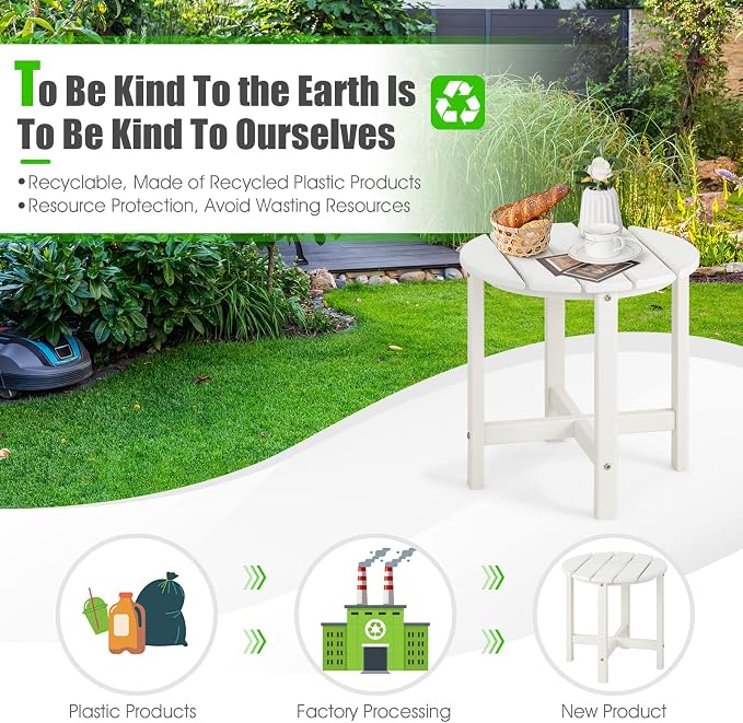Tangkula Round Outdoor Side Table, 18" Weather Resistant HDPE Adirondack Table, Outdoor Indoor Chairside End Tables, Patio Side Table for Lawn Garden Balcony Backyard, Easy Assembly (1, White)