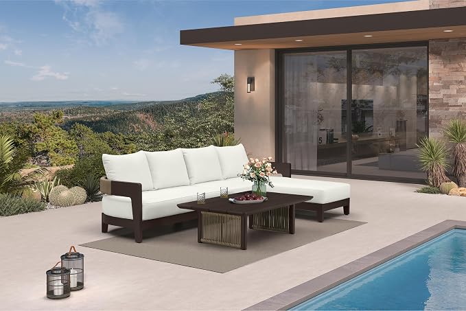 PURPLE LEAF Patio Furniture Set with Left-Arm Daybed and Table 5 Pieces Modern Aluminum Sectional Sofa Outdoor Conversation Sets 7.87" Thick Removable Cushions & Pillows for Porch Yard Garden