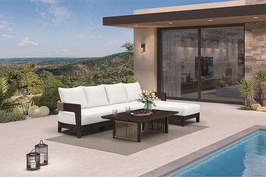 PURPLE LEAF Patio Furniture Set with Left-Arm Daybed and Table 5 Pieces Modern Aluminum Sectional Sofa Outdoor Conversation Sets 7.87" Thick Removable Cushions & Pillows for Porch Yard Garden