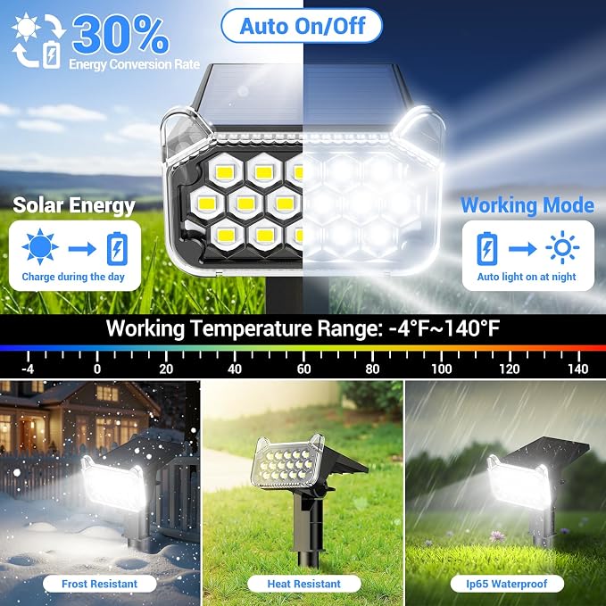 Solar Spot Lights Outdoor Waterproof IP65, Super Bright LEDs with Lens, 2 Lighting Modes, 2 in 1 Auto On/Off Solar Powered Spotlights for Outside Landscape Holiday Decor, 6 Pack, Cool White