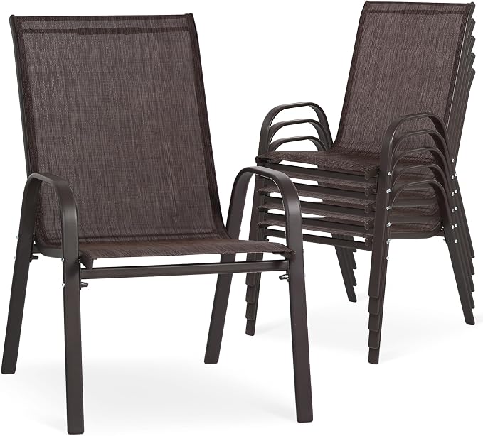 24.4" Wide Outdoor Stackable Chairs Set of 6, Stacking Patio Chairs with Textilene Fabric, Outside Furniture for Garden Backyard Balconie Poolside Deck, Brown