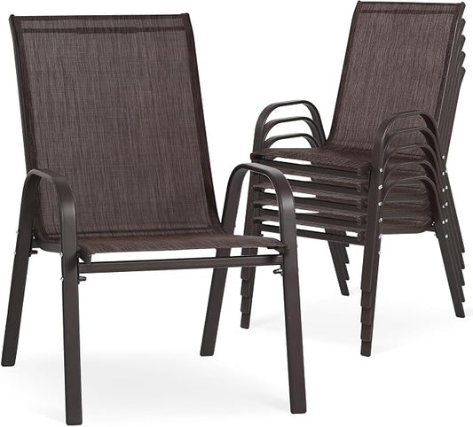 24.4" Wide Outdoor Stackable Chairs Set of 6, Stacking Patio Chairs with Textilene Fabric, Outside Furniture for Garden Backyard Balconie Poolside Deck, Brown