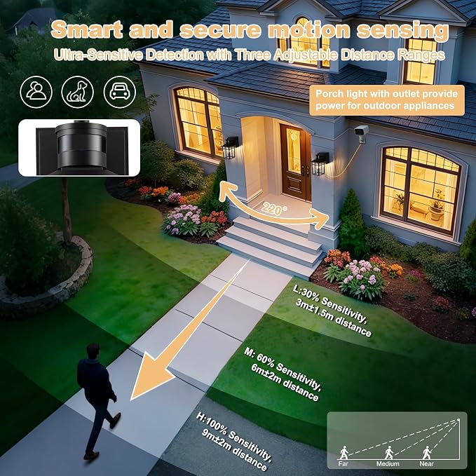 Porch Light with GFCI Outlet with Remote,Dusk to Dawn Motion Sensor Outdoor Light,Upgraded 4 Lighting Modes Black Front Door Light,Waterproof Outside Lights for House Patio Garage Entryway, 2 Pack