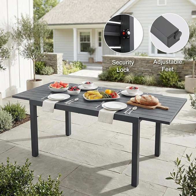 SUNSITT 9 Piece Outdoor Patio Dining Set, 59" - 83" Aluminum Expandable Outdoor Dining Table and 8 Woven Wicker Patio Chairs w/WPC Armrests for Garden, Dark Grey