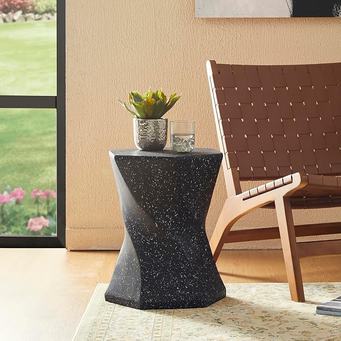 Glitzhome Outdoor Side Table, 17.75" H Decorative Garden Stool MGO Twist Faux Terrazzo End Table, Round Planter Stand for Indoor Outdoor Living Room Bedroom Patio Deck Poolside, Black