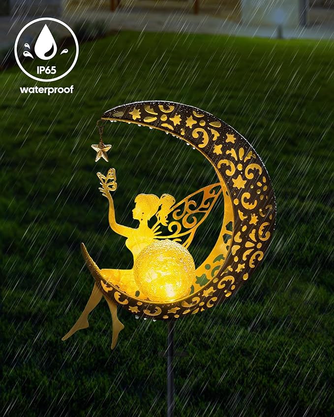 Vuees Solar Fairy Moon Garden Stake Light, Outdoor Yard Patio Decor Gift | Auto dusk glow; no wiring; rust-resistant metal; warm patterned reflections; pathway, lawn and backyard accent