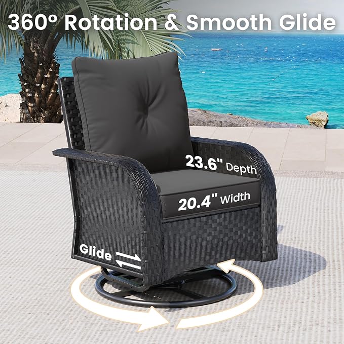 UDPATIO High Back Patio Furniture Set with 2 Swivel Rocker Chairs, Wicker Outdoor Conversation Sets with Thick Cushions & Ottoman, for Garden, Porch