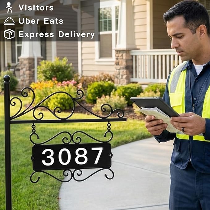 Metal Address Sign, Home Numbers Plaque, Address Post Sign Double-Sided | Suitable as a housewarming gift or decorative item, Street House Numbers for Home Street Mailbox Garden Yard (44" Pole)
