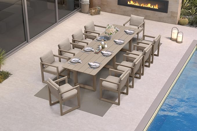 PURPLE LEAF Outdoor Dining Set for 10 Aluminum Oversize Patio Furniture Table and Chairs Set with All Weather Thick Cushion Rectangular Patio Dining Sets for Large Backyard Garden Poolside, Khaki