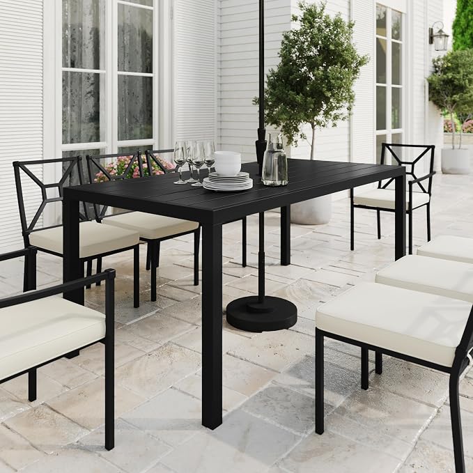 Martha Stewart Lily Pond 72" All-Weather Patio Table with Slatted Tabletop, Umbrella Hole, and Steel Frame in Black