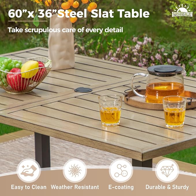 SUNSHINE VALLEY Patio Dining Set for 6, Rectangular Wood-Like Metal Table with Umbrella Hole and 6 Dining Chairs, Outdoor Table and Chairs for Lawn Garden Backyard and Deck,Blue