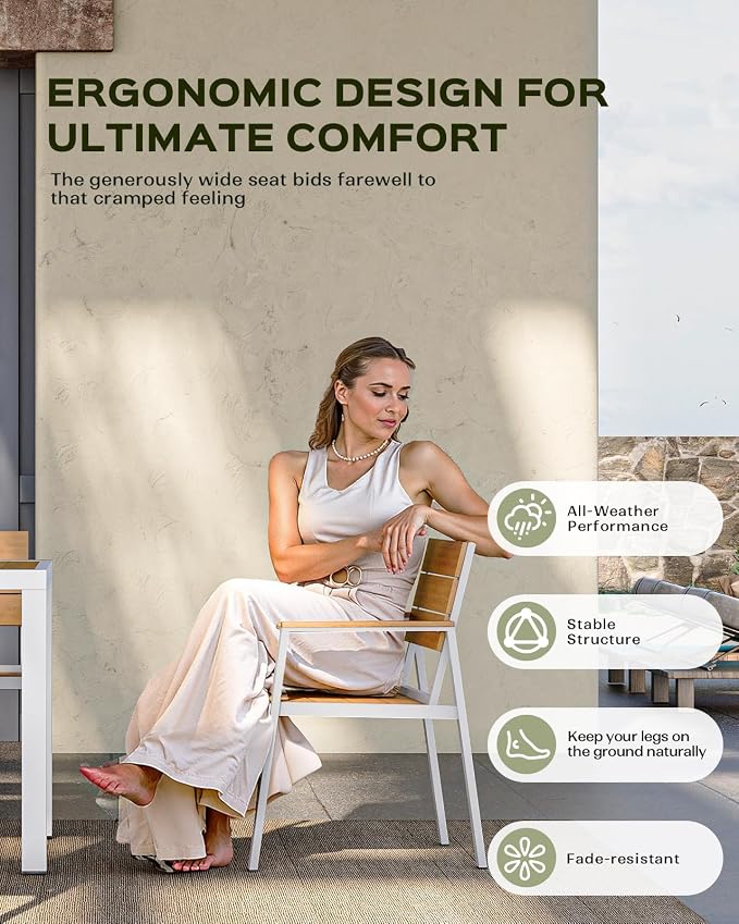 Vexwalx 5-Piece Outdoor Dining Set, Aluminum Dining Table Set for 4, Patio Table and Chairs Set with Umbrella Hole, All Weather HDPS Outdoor Table and Chairs for 4 (White-Teak)