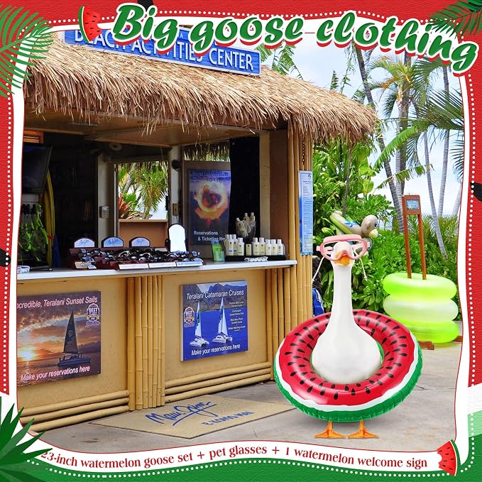Aliceset 2 Pcs Summer Porch Goose Outfits Hawaiian Pool Goose Cloth Costume Swimsuit with Swim Ring Sunglasses, Fits 23'' Lawn Statue for Patio Yard Garden Outdoor Decor(Watermelon Style)