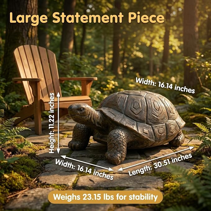 30.5" Large Resin Tortoise Garden Statue, Brown Turtle Sculpture | Crafted from heavy-duty brown resin with lifelike shell details. Endures outdoor elements