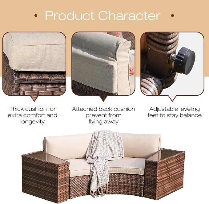 SUNSITT Outdoor Patio Furniture 4-Piece Half-Moon Curved Sofa Set PE Rattan Wicker sectional Set with 2 Side Tables
