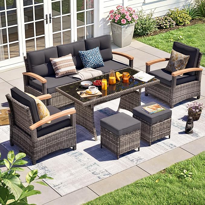 MEISSALIVVE 6 Pieces Patio Furniture Sets, PE Wicker Outdoor Conversation Sets with 2 Wood Armrests Single Chairs, 2 Ottomans and Dining Table (Grey)