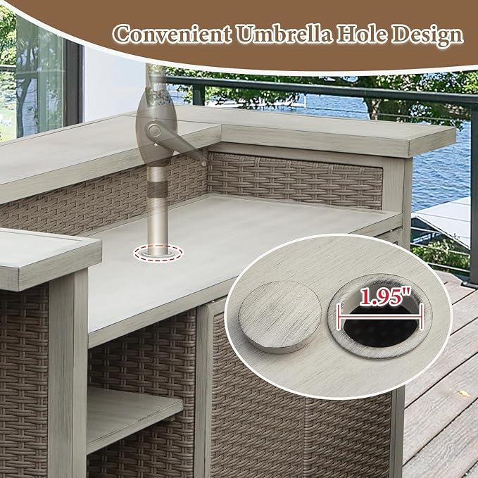 GOWE Patio Bar Table, Outdoor Aluminum PE Wicker Bar Cart with Cabinet, All Weather Use Storage Patio Cabinet for Patio Kitchen or Bar Cart, Wood Grain