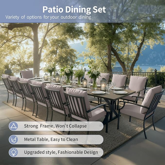 Kullavik 16 Pieces Outdoor Dining Set,Patio Dining Table and Chairs Set for 14,Fence Pattern Back Chairs with Thickened Cushions & X-Frame Metal Dining Table with Umbrella Hole for Patio,Sand