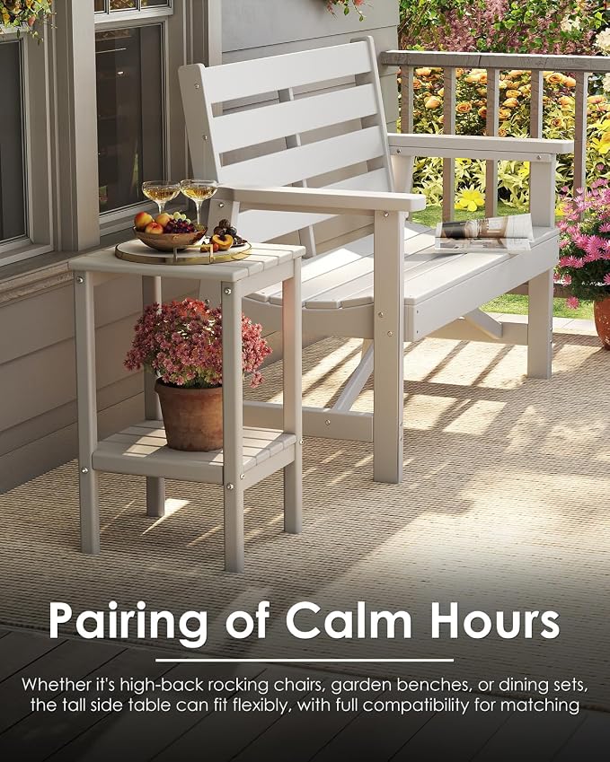 GREENVINES Tall-Outdoor-Side-Table Set of 2 | 23.5" | HDPE Plastic | Patio Adirondack End Tables | All Weather | 2-Tier | White | for Porch Garden Indoor & Rocking Chairs