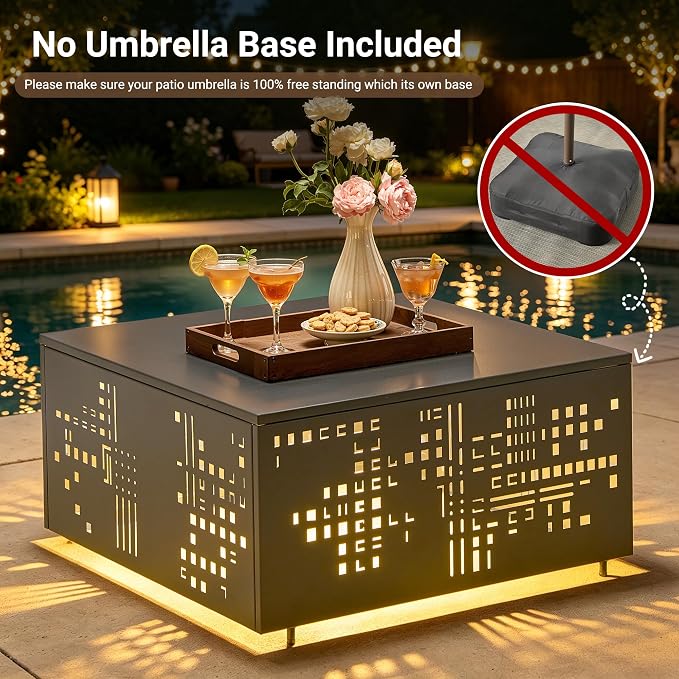 HOOOWOOO Outdoor Patio Solar Table with Umbrella Hole,Metal Coffee Side End Table,Umbrella Table with 2" Hole for Yard,Deck,Porch,Garden(Square Charcoal Gray)