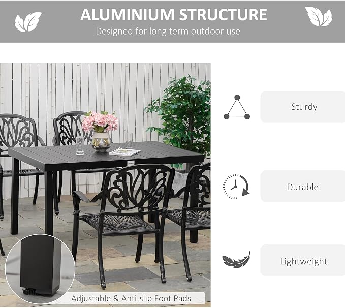 Outsunny Outdoor Dining Table for 6 Person, Rectangular Patio Table, Aluminum Metal Legs for Garden, Lawn, Patio, Woodgrain Black
