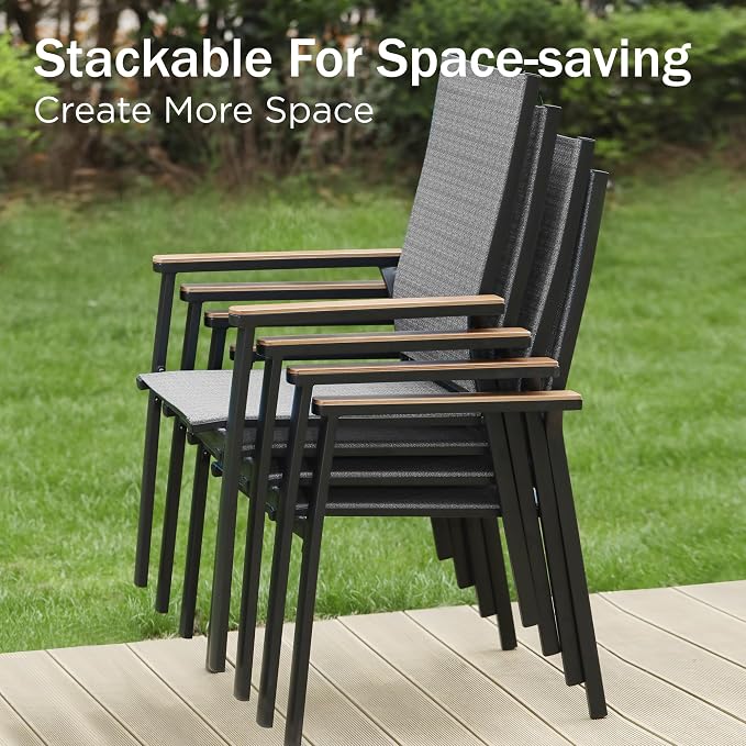 PHI VILLA Round Outdoor Dining Set for 4 with Aluminum Chairs, Grey | Stackbale chairs, Breathable & quick-drying sling, Light-weight & space-saving, Metal Table, Umbrella Hole, Patio deck