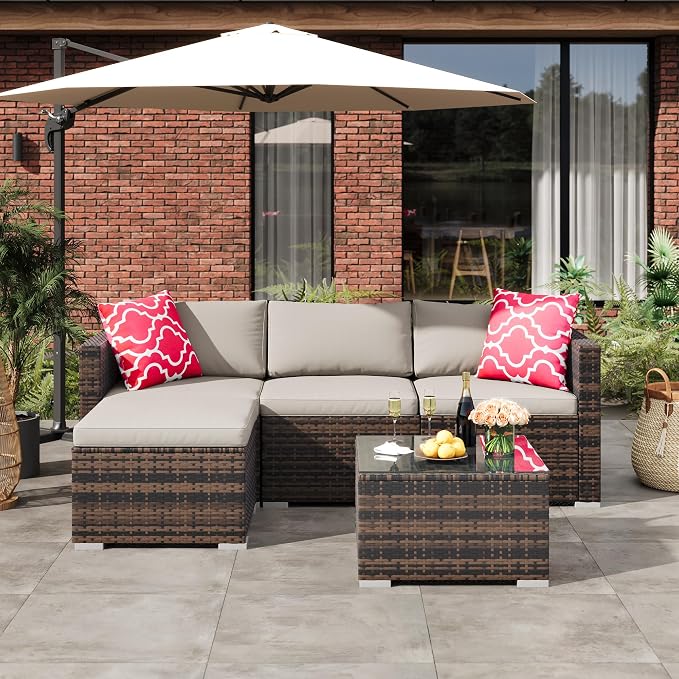 PeakPursuit Outdoor Patio Furniture Set, 5 Pieces Rattan Patio Conversation Sets with Glass Coffee Table and Cushion,All Weather Outdoor Patio Sofa for Garden, Poolside, Backyard,Grey