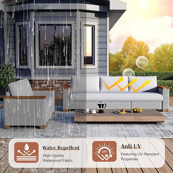 LUXOAK Patio Furniture Set, 6 Piece Wicker Patio Conversation Set with Wide Solid Wood Armrest, All Weather Outdoor Sectional Furniture with Wood Legs for Backyards, Porch, Poolside, Garden, Balcony