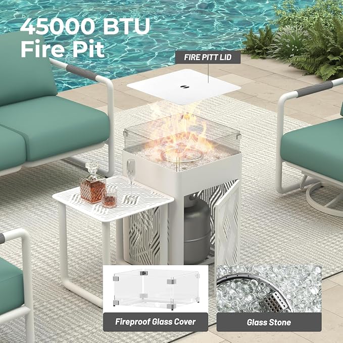 5-Seat Outdoor Aluminum Patio Set with 45,000 BTU Fire Pit Table, 6.5" Thick Cushions & Wide Seating, All-Weather for Pool, Balcony, Garden, White