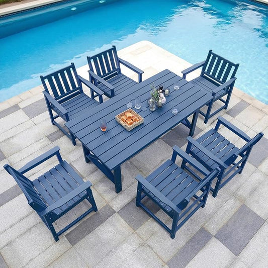 Outdoor Patio Dining Table Set, 7-Piece Outdoor HDPE Dining Furniture Sets with Umbrella Hole Cut-Out Table and 6 Chairs for Patio, Garden, Backyard, Lawn and Poolside, Navy