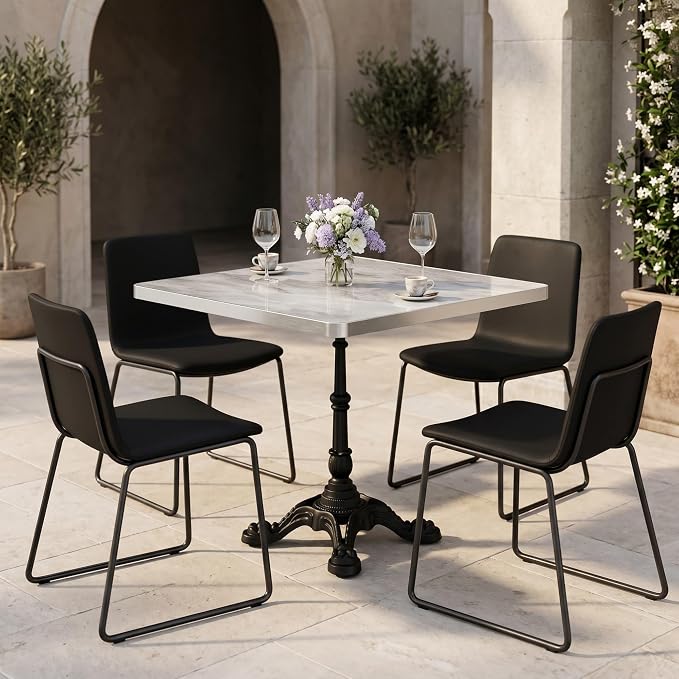 31.5" Square Outdoor Patio Dining Bistro Table, Sintered Stone Top | Glossy sintered stone top, cast iron tulip base, compact size for patio, balcony, garden, or café use, 2-4 People Dining